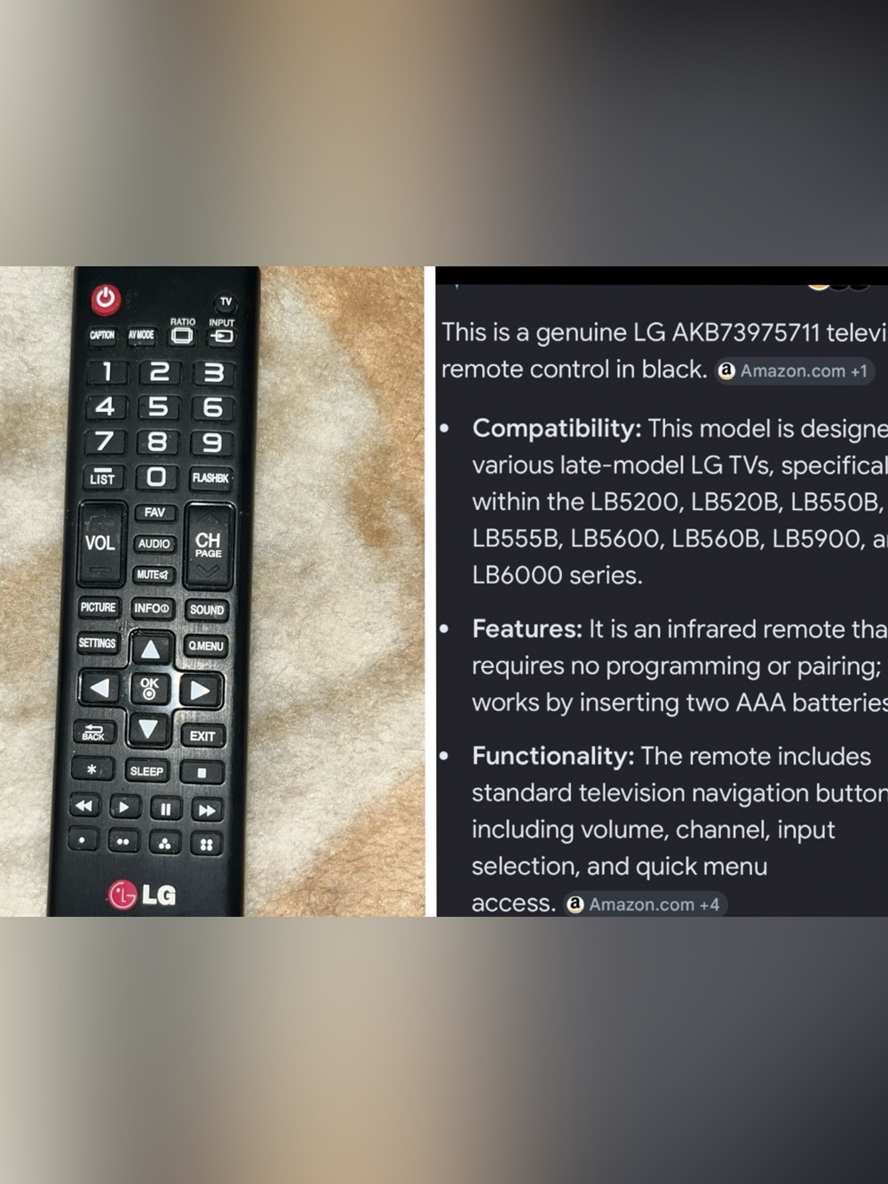 Genuine OEM LG AKB73975711 TV Remote Control Infrared For Various LG Model TVs